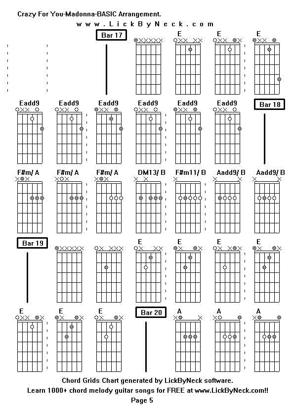 Chord Grids Chart of chord melody fingerstyle guitar song-Crazy For You-Madonna-BASIC Arrangement,generated by LickByNeck software.